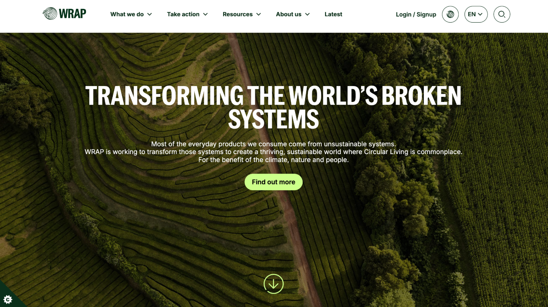 WRAP homepage: Transforming the world's broken systems, over an aerial view of terraced green fields