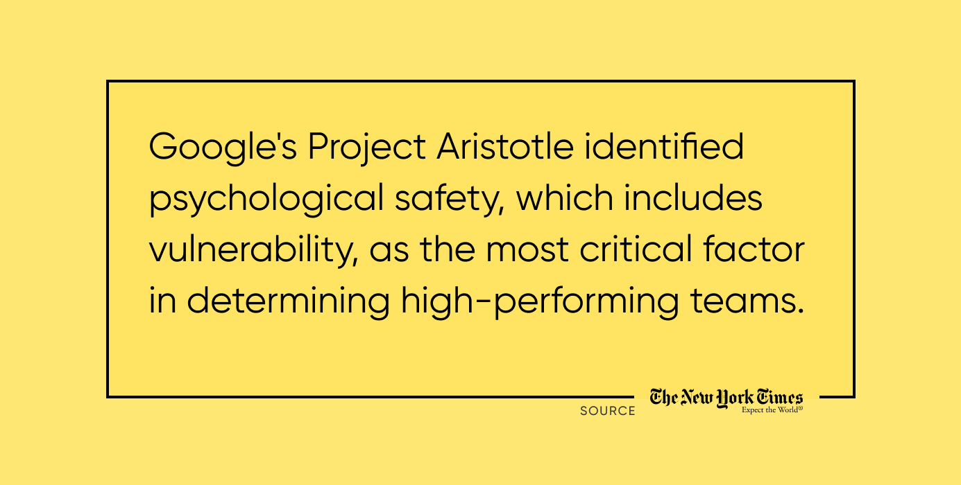 A quote from New York Times that says vulnerability is the most critical factor in determining high-performing teams